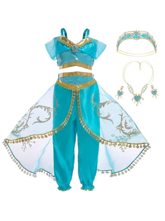 Princess Costume for Girls Sequined Halloween Dress Kids Birthday Party Dresses up Blue with Accessories 130 CM 7-8 Years