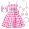 thumbnail image 1 of Jurebecia Kids Girls Pink Plaid Dress Summer Sleeveless Ruffle Kids Princess Fashion Party Dresses With Accessories 150 CM 11-12 Years, 1 of 10