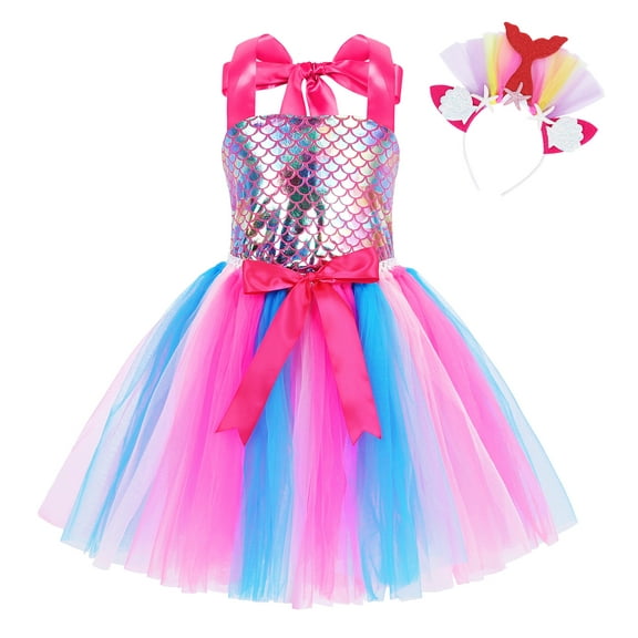 Jurebecia Little Girls Princess Dresses Cosplay Costume Birthday Christmas Halloween Cosplay Costumes Pink With Hairband 4-5 Years