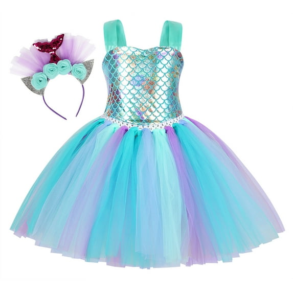 Jurebecia Princess Costume for Little Girls Halloween Tulle Dresses Sleeveless Tutu Skirt for Birthday Halloween Cosplay With Headgear 4-5 Years
