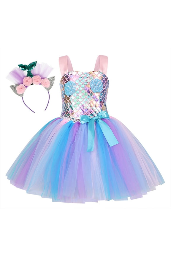 Little Girls Princess Tulle Dresses Sleeveless Halloween Tutu Skirt for Birthday Halloween Cosplay with Headgear 2-3 Years