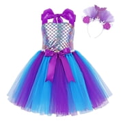 Jurebecia Mermaid Dresses for Girls Princess Costume Halloween Birthday Cosplay Tutu Dress with Hairband 6-7 Years