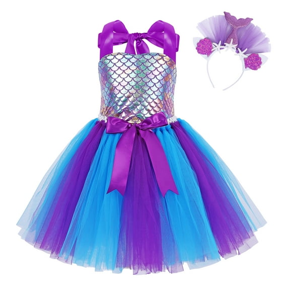 Jurebecia Princess Costume for Girls Halloween Dresses for Birthday Cosplay Tutu Dress with hairband 8-9 Years