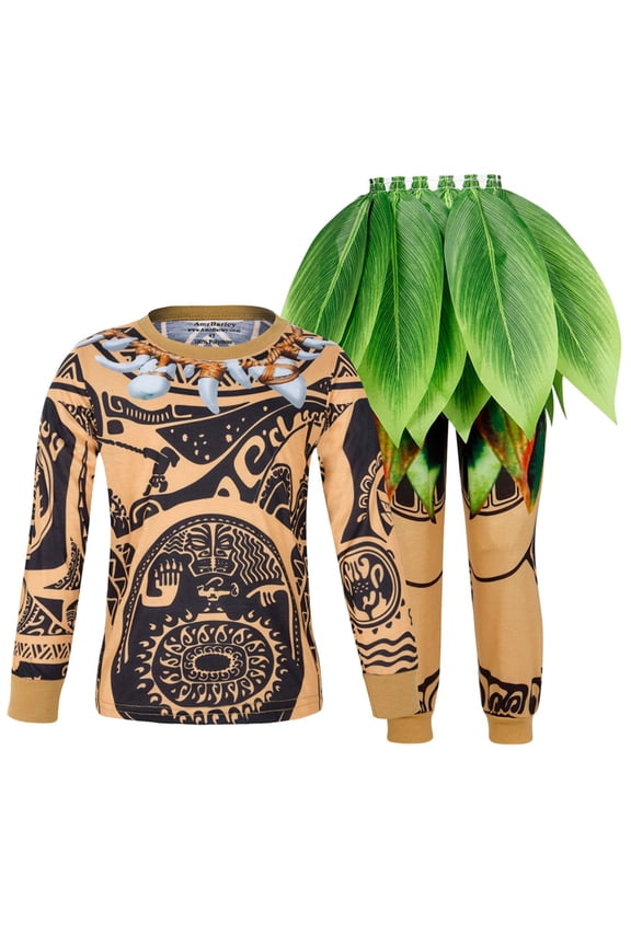 Moana 2 Movie Maui Dress Up Cosplay Cartoon Costume Role Play for Little Boys Long Sleeve Clothes with Leaf Skirts Birthday Party Outfit 120 CM 5-6 Years