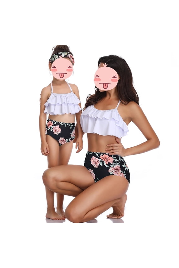 Mother Daughter Swimwear Family Matching children Two Pieces Bathing Suits Top Ruffled Flounce Tummy Control High Waisted Bottom Bikini Set