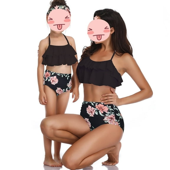 Jurebecia Mother Daughter Swimwear Family Matching children Two Pieces Bathing Suits Top Ruffled Flounce Tummy Control High Waisted Bottom Bikini Set