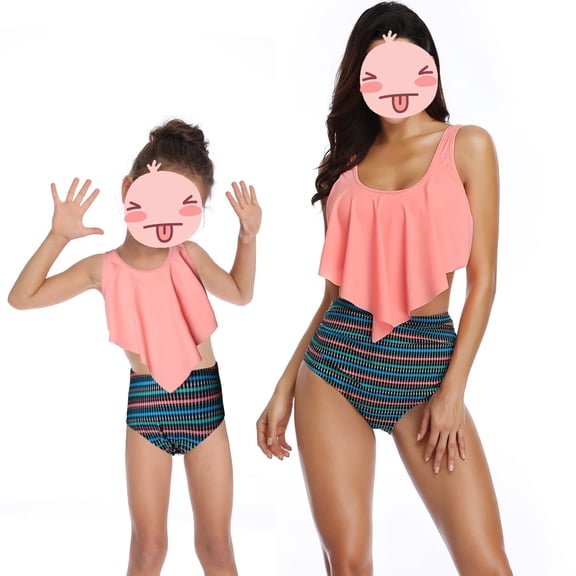 Jurebecia Mother and Daughter Swimsuit Bikini Set 2 Piece Sleeveless Back Straps Tie Bra Top and High Waist Triangle Panty Parent Child Clothes Set