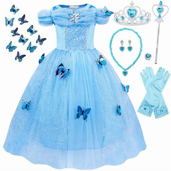 Jurebecia Cinderella Princess Costume Girls Blue Dress up Toddler Christmas Halloween Birthday Party Cosplay Fancy Kids With Accessories 6 4-5 Years