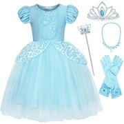 Jurebecia Princess Costume Cinderella Dress up for Girls Blue Clothes for Toddler Birthday Party Fancy Cosplay with Accessories 110CM 3-4Years