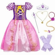 Jurebecia Girls Princess Costume, Floral Puffy Dress for Halloween Cosplay, Kids Birthday Party Dress with Accessories 6(4-5Years)