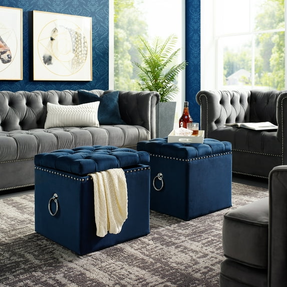Jurgen Navy/Chrome Velvet Storage Ottoman - Silver Nailhead Trim, Silver Ring, Plastic Black Legs