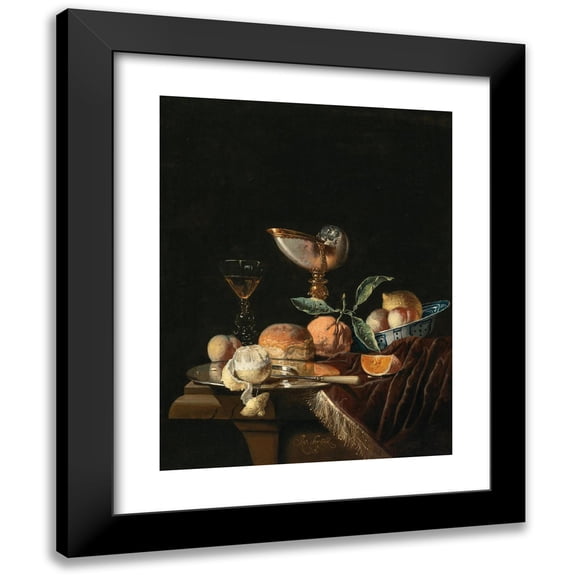 Juriaen van Streeck 19x24 Black Modern Framed Museum Art Print Titled - A Nautilus Cup, a Wan-Li Kraak Porcelain Bowl with Mixed Fruit, a Silver Salver and a Glass of Wine on a Stone Table w