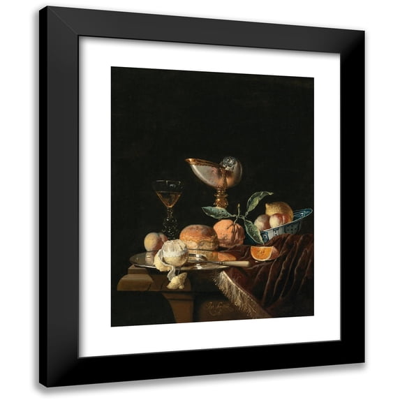 Juriaen van Streeck 19x24 Black Modern Framed Museum Art Print Titled - A Nautilus Cup, a Wan-Li Kraak Porcelain Bowl with Mixed Fruit, a Silver Salver and a Glass of Wine on a Stone Table w