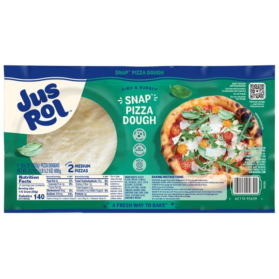 Jus-Rol Pizzeria Style Snap Pizza Dough, Refrigerated Dough, 21.2 oz, 2 Dough Balls, Ready to Bake for Homemade Pizza