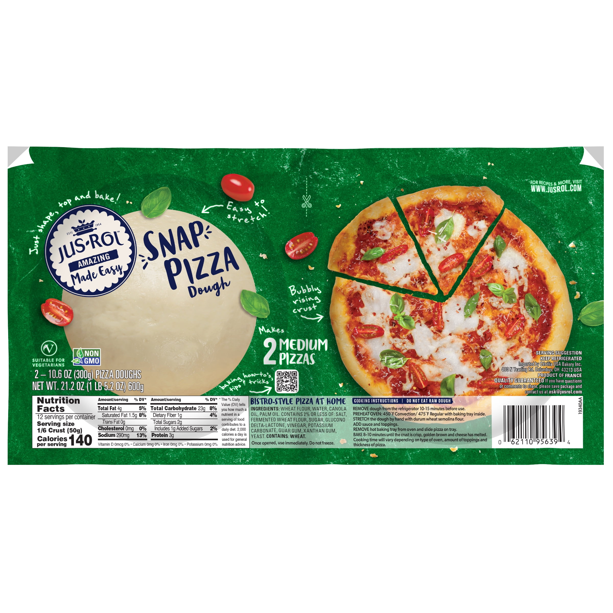 Jus-Rol Pizzeria Style Snap Pizza Dough, Refrigerated Pizza Dough, 21.2 oz, 2 Dough Balls, Ready to Bake for Homemade Pizza