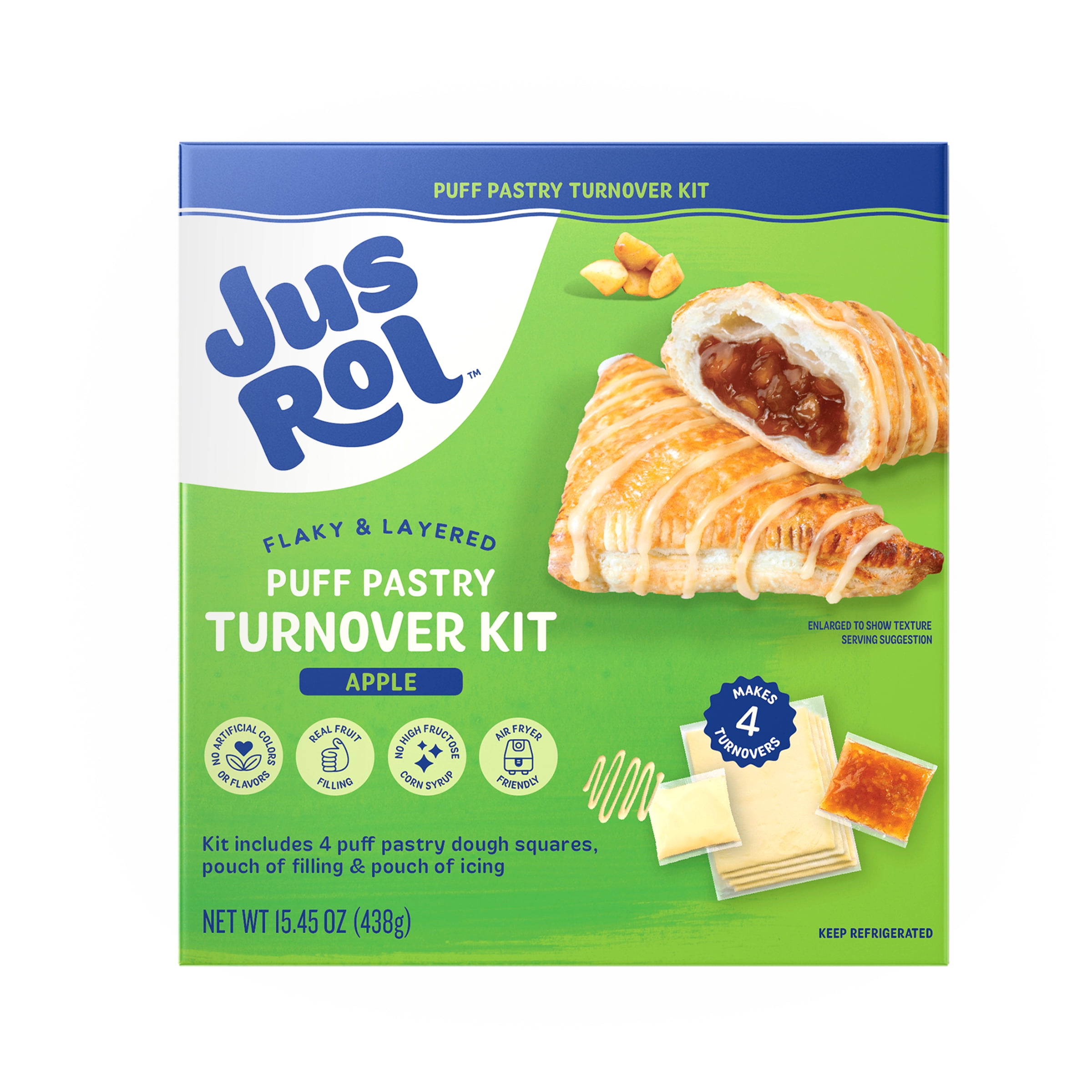 Jus-Rol Puff Pastry Turnover Kit, Apple, 15.45 oz, Makes 4 Turnovers – Refrigerated Flaky and Layered Pastry Kit with Filling and Icing