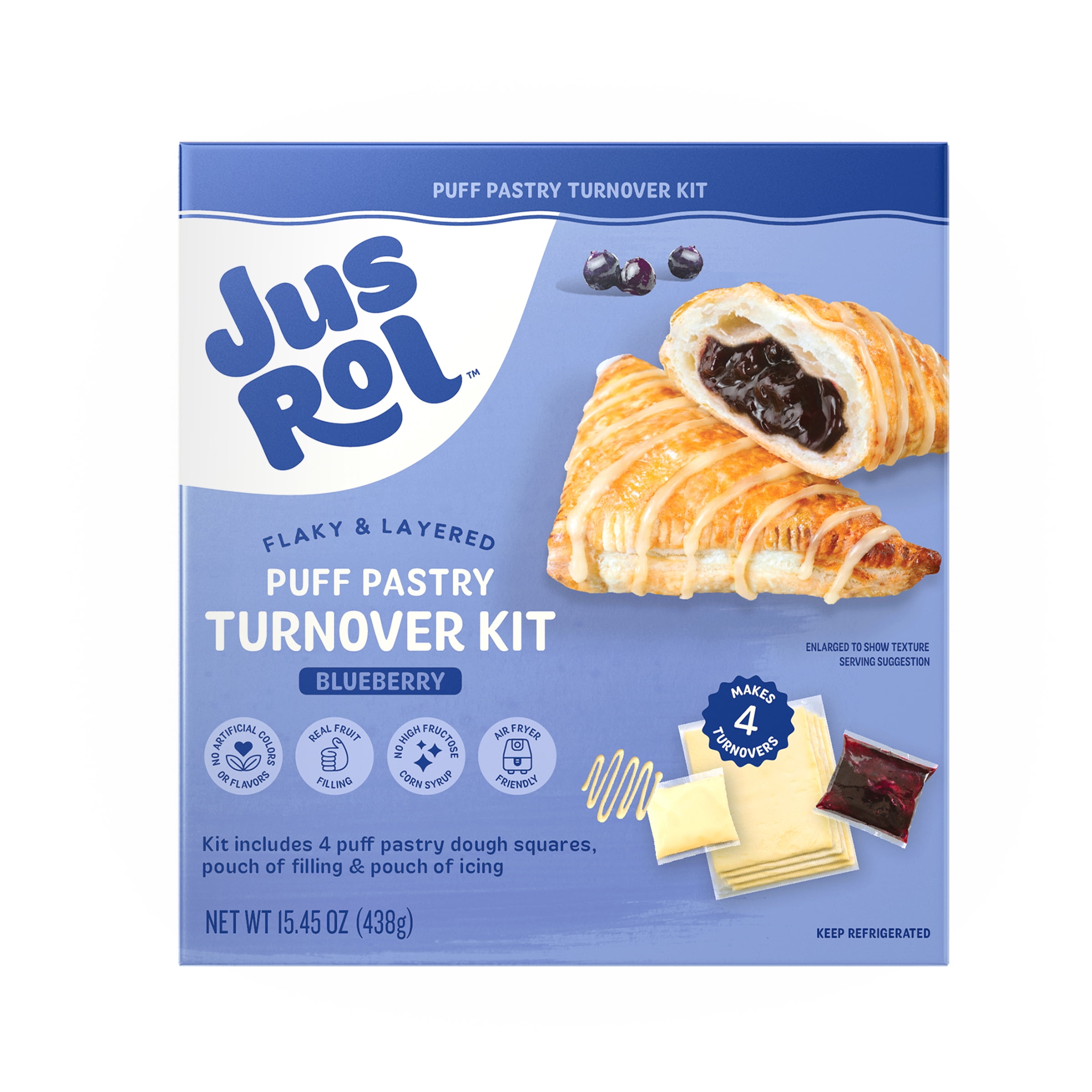 Jus-Rol Blueberry Puff Pastry Turnover Kit, 15.45 oz, Makes 4 Turnovers – Refrigerated Flaky & Layered Pastry with Real Fruit Filling and Icing