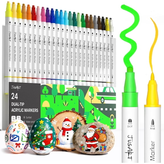 JusArt 24 Colors Acrylic Paint Markers, Dual Tip Coloring Markers with Dot and Fine Tip for Rock, Fabric, Wood, Glass, Ceramic, Canvas, Vibrant Art Supplies and DIY Crafts Art Supplies