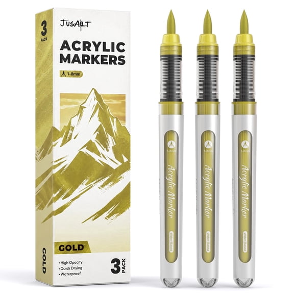 JusArt 3 Gold Acrylic Paint Markers Brush Tip, Automatic Ink Control,Water-Based Metallic Markers, Waterproof Acrylic Pens for DIY Art & Crafts -Fabric, Wood, Rock, Plastic