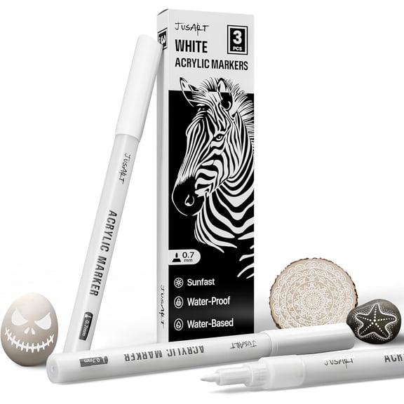 JusArt 3 Pack White Permanent Markers, 0.7mm Fine Point Acrylic Paint Pens for Rock Painting, Art Projects, Ceramic, Glass, Wood, Metal, Fabric, DIY, Ideal White Acrylic Marker for Art Supplies