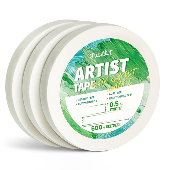 JusArt 3 Packs Artist Tape for Watercolor Paper, 1/2 inch Wide Total 600FT Long, White Art Tape for Drawing Test, Large Scale Painting, Acid Free, Low Tack