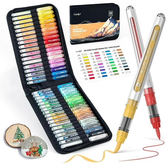 JusArt Acrylic Paint Markers Brush Tip 36 Colors, Water-Based No-Bleed Markers with Automatic Ink Control, Waterproof Acrylic Paint Pens for DIY Art Crafts -Fabric, Rock, Wood, Glass, Ceramic, Metal