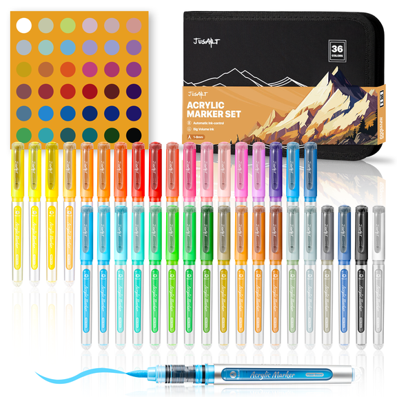 JusArt Acrylic Paint Markers Brush Tip 36 Colors, Water-Based No-Bleed Markers with Automatic Ink Control, Waterproof Acrylic Paint Pens for DIY Art Crafts -Fabric, Rock, Wood, Glass, Ceramic, Metal