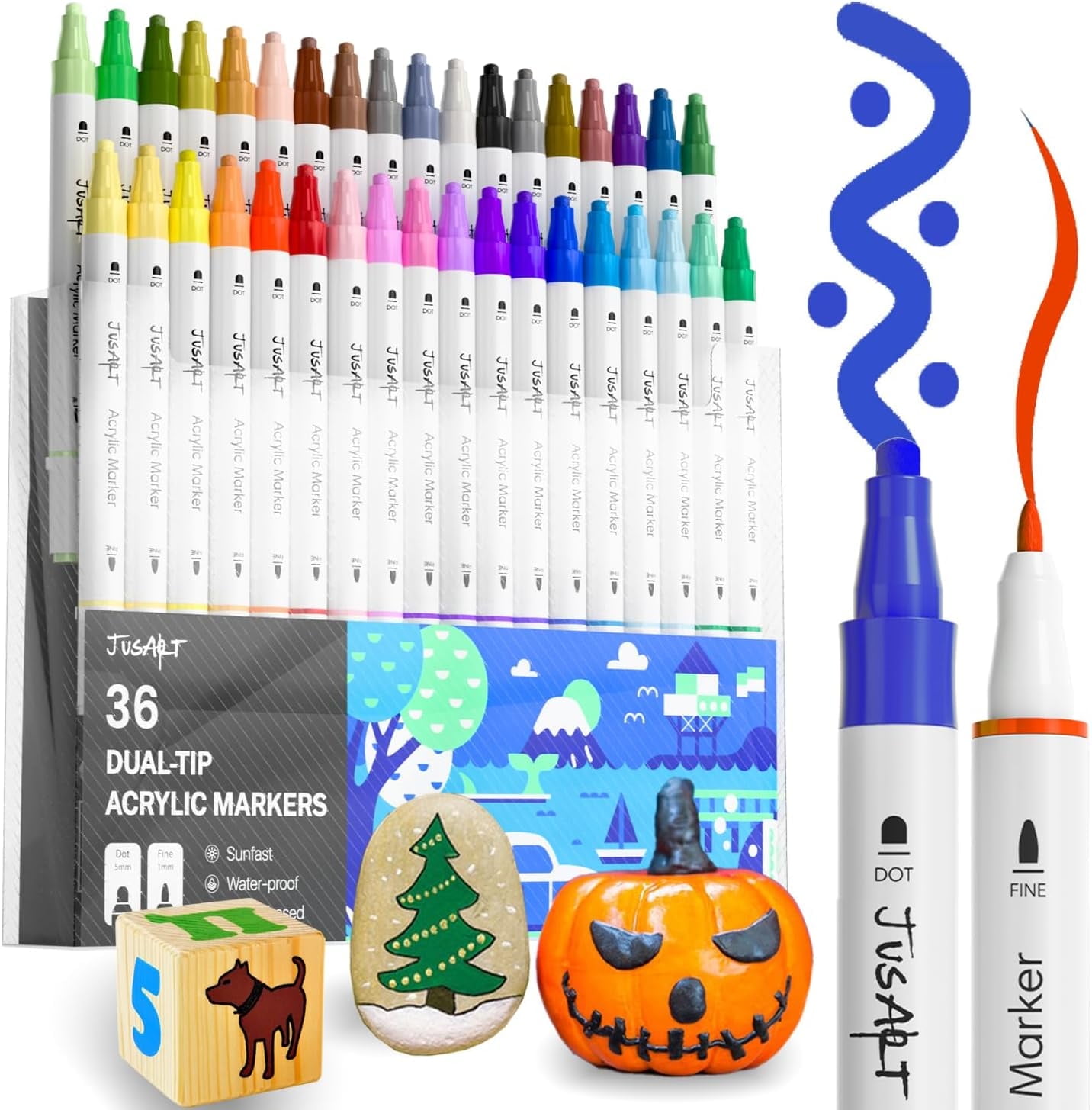 JusArt 36 Colors Dual Tip Acrylic Paint Markers with Dot and Fine