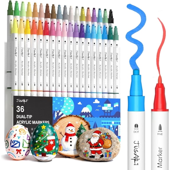 JusArt 36 Colors Dual Tip Acrylic Paint Pens Markers, Premium Water-Based Acrylic Paint Markers for Fabric, Rock, Wood, Glass, Eggs, Canvas, Ceramic, Easter Basket Stuffers DIY Crafts Drawing Markers