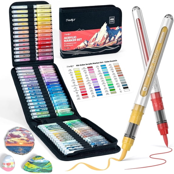 JusArt 48 Colors Acrylic Paint Markers with Canvas Bag, Water-Based No-Bleed Paint Pens with Automatic Ink Control, Waterproof Brush Tip Markers for Crafts -Fabric, Rock, Wood, Glass, Eggs-Easter