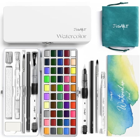 JusArt 50 Colors Watercolor Paint Set,Art Supplies with Metallic Color, Detail Painting Brushes, Water Brush Pens, Portable Travel Painting Kit for Artists, Professionals, Adults