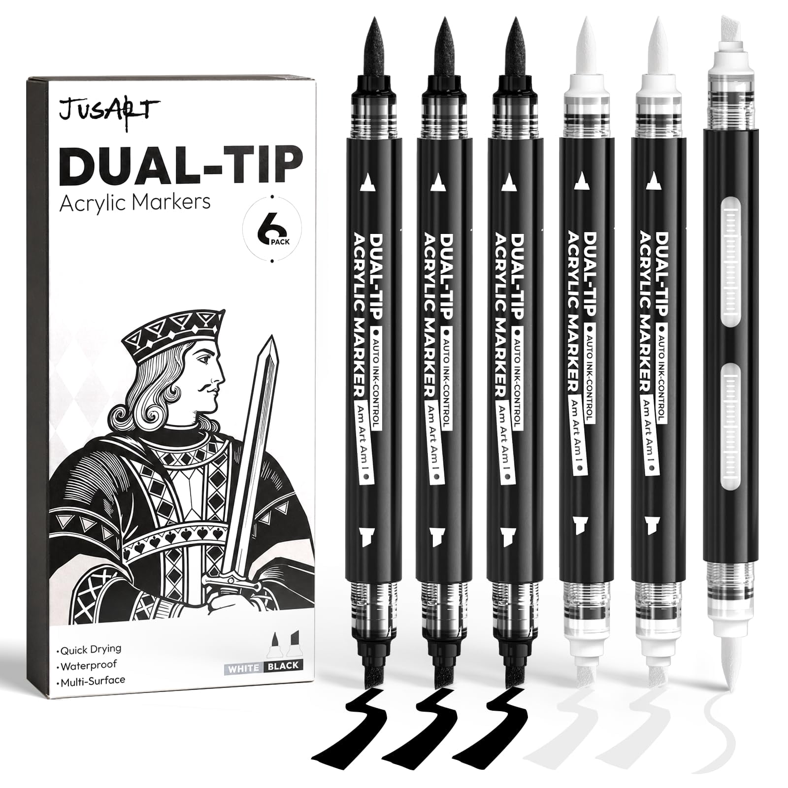 JusArt 6 Black & White Acrylic Paint Markers, Dual Tip Markers for ...