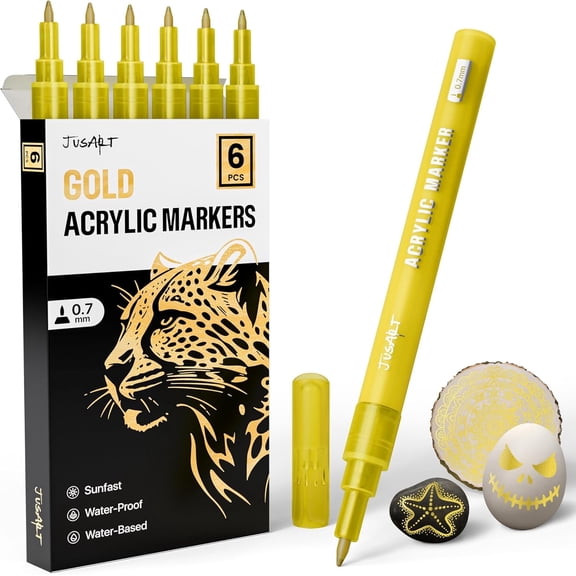 JusArt 6 Pack Gold Acrylic Paint Markers, 0.7mm Fine Point Acrylic Paint Pens for Rock Painting, Art Projects, Ceramic, Glass, Wood, Metal, Fabric, DIY, Ideal Gold Permanent Marker for Art Supplies