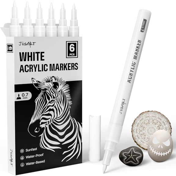 JusArt 6 Pack White Permanent Markers, 0.7mm Fine Point Acrylic Paint Pens for Rock Painting, Art Projects, Ceramic, Glass, Wood, Metal, Fabric, DIY, Ideal White Acrylic Marker for Art Supplies