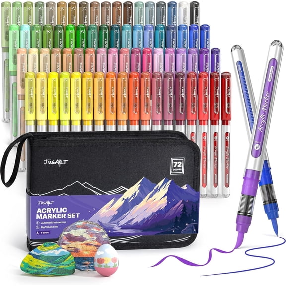 JusArt 72 Colors Acrylic Paint Markers with Canvas Bag, Water-Based No-Bleed Paint Pens with Automatic Ink Control, Waterproof Brush Tip Markers for DIY Art & Crafts -Fabric, Rock, Wood, Glass, Metal