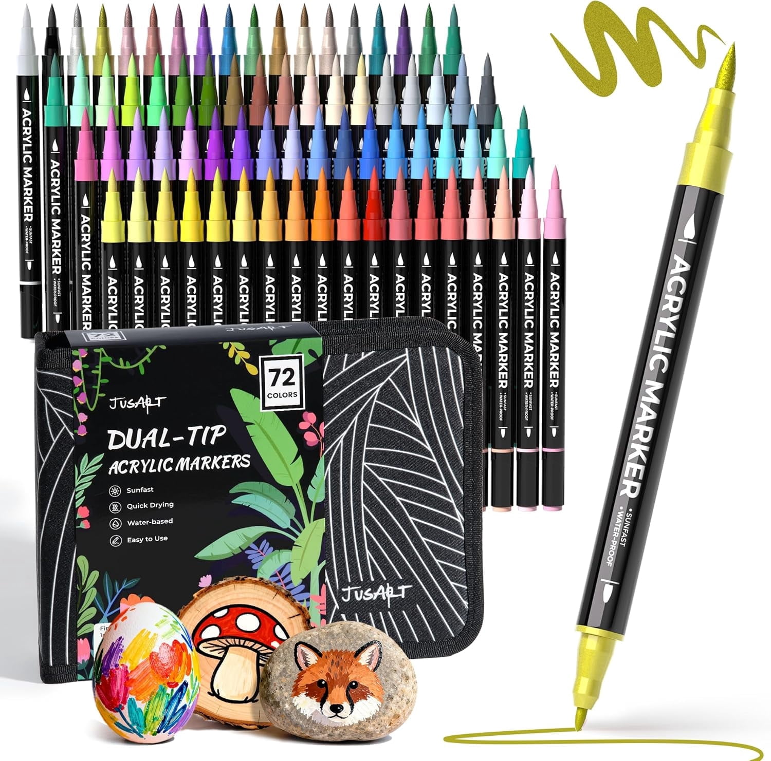 JusArt 72 Colors Acrylic Paint Markers Set with Canvas Bag, Dual Tips with Brush Tip & Fine Tip, No-Bleed, Waterproof, Non-Toxic & Odorless Adult Paint Pens for Rock, Egg, Wood, fabric, Glass, DIY
