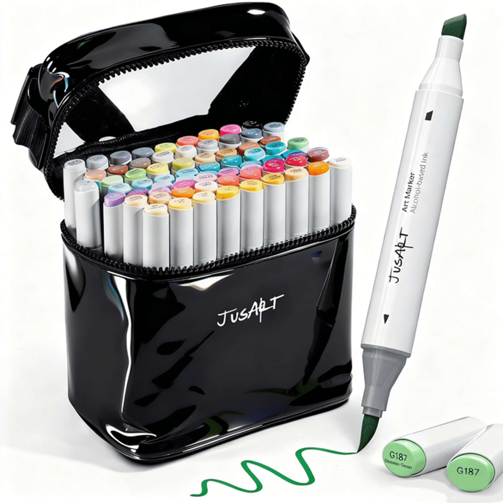JusArt Alcohol Brush Markers, 72 Colors Dual Tip Art Markers with Brush & Chisel Pens, Alcohol Based Marker Set for Adult Coloring Books, Drawing, Illustration, Sketching, No Bleed Ink Art Supplies​