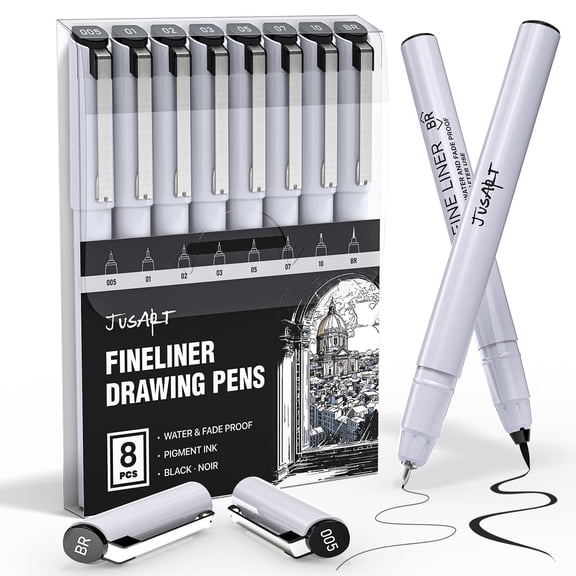 JusArt Fineliner Pens, 8 Size, Ultra Fine, Fine & Brush, Waterproof Black Pigment Ink Drawing Pens for Illustration, Sketching, Writing, Journaling, Bible Notes, Technical Drawing pens