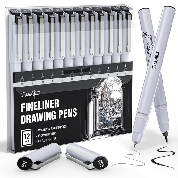 JusArt Fineliner Pens, Ultra Fine, Fine, Brush & Chisel, 12 Size, Waterproof Black Pigment Pen for Artists, Crafters, Illustration, Sketching, Writing, Journaling, Bible Note, Technical Drawing pens