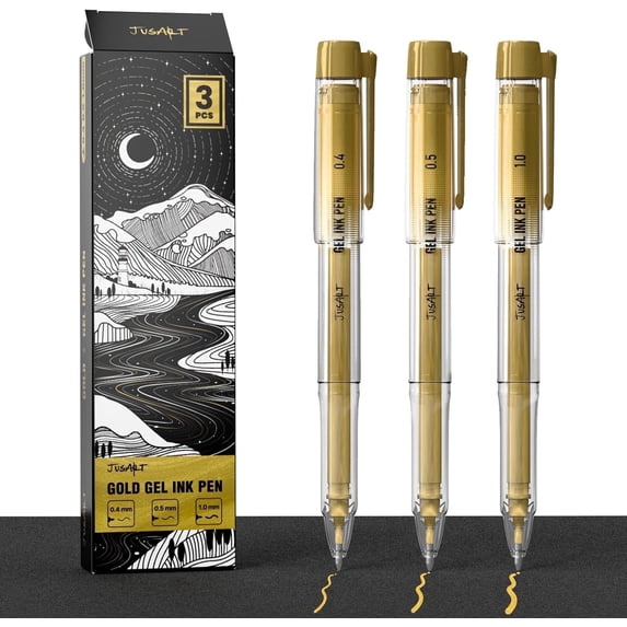 JusArt Gold Pens with 0.4mm, 0.5mm & 1.0mm Assorted Tips, Opaque Ink Gel Pens for Black Paper, Drawing, Journaling & DIY Crafts, Ideal Drawing Pens for Artists & Art Supplies, 3 Pack