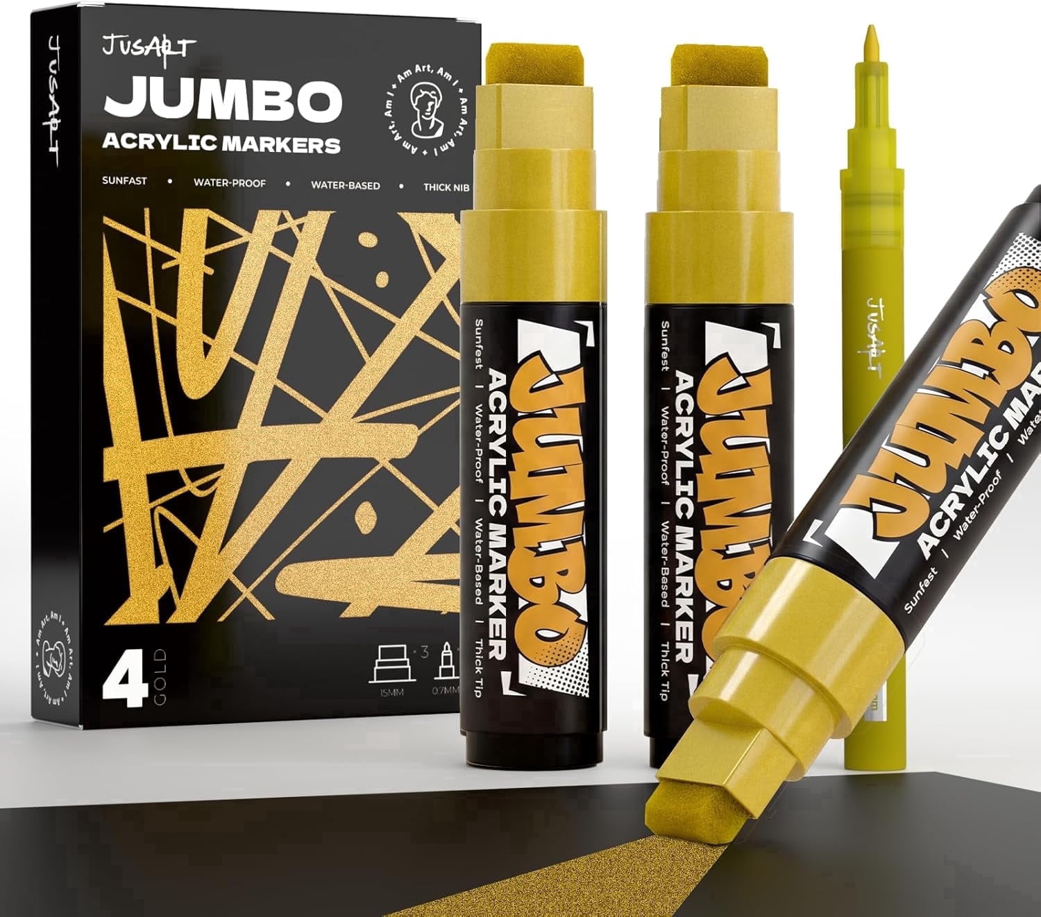 JusArt 4 Pcs Gold Jumbo Poster Marker Set, 15mm Wide Tip and 0.7mm Fine Tip, Acrylic Paint Markers for Rock, Fabric, Glass, Metal, Wood