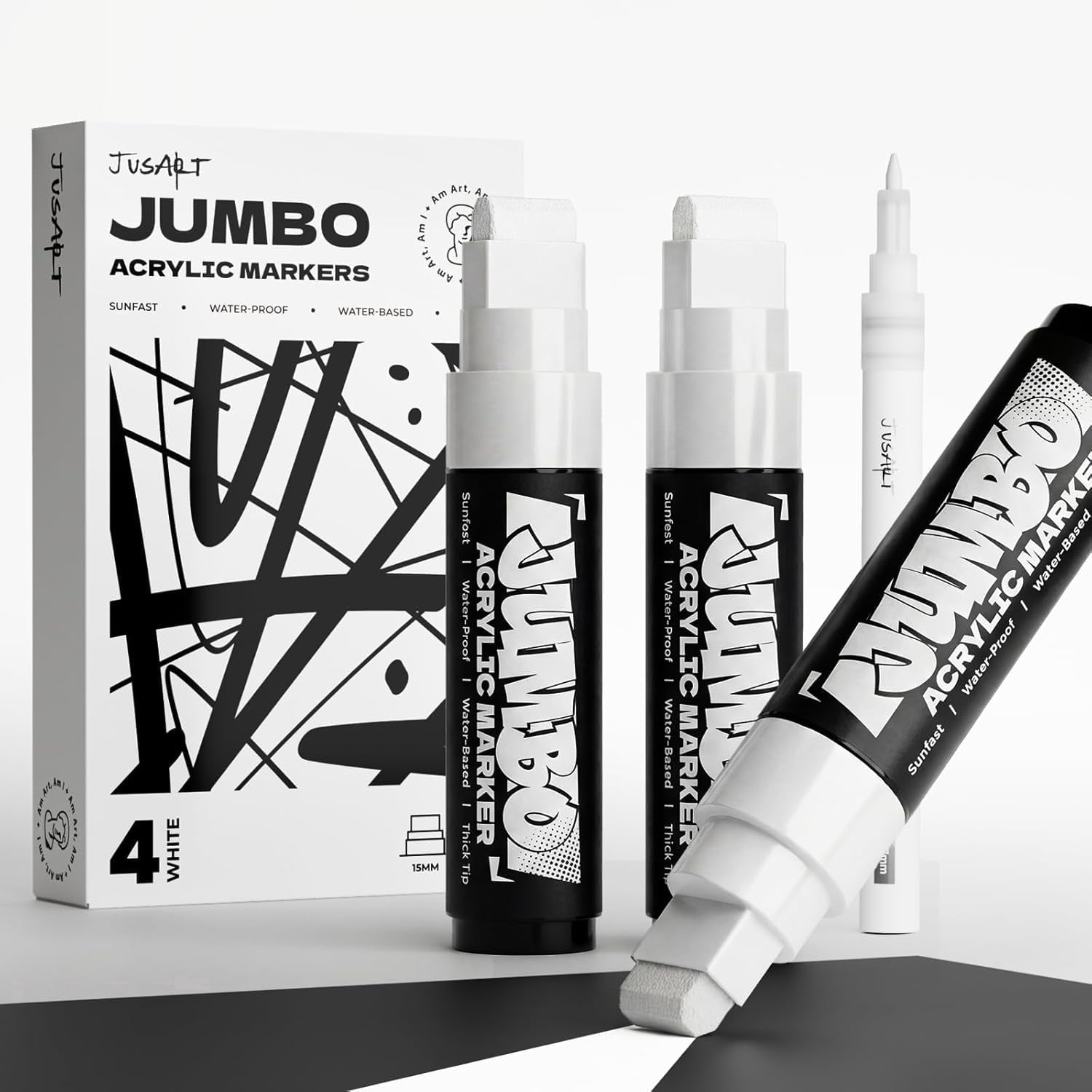 JusArt 4 Pcs White Jumbo Poster Marker Set, 15mm Wide Tip and 0.7mm Fine Tip, Acrylic Paint Markers for Rock, Fabric, Glass, Metal, Wood