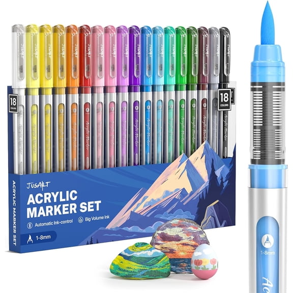 JusArt Acrylic Paint Markers Brush Tip 18 Colors, Water-Based No-Bleed Markers with Automatic Ink Control, Waterproof Acrylic Paint Pens for DIY Art Crafts -Fabric, Rock, Wood, Glass, Ceramic, Metal