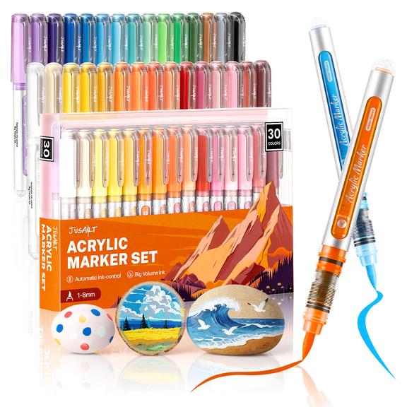 JusArt Acrylic Paint Markers Brush Tip 30 Colors, Water-Based No-Bleed Markers with Automatic Ink Control, Waterproof Acrylic Paint Pens for Eggs, Fabric, Rock, Glass, Ceramic, Metal