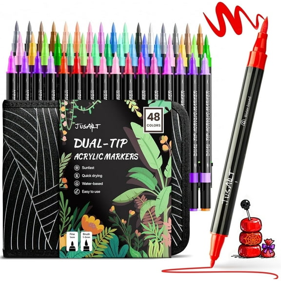 JusArt 48 Colors Acrylic Paint Markers Set with Canvas Bag, Dual Tips with Brush Tip & Fine Tip, No-Bleed, Waterproof, Non-Toxic & Odorless Paint Pens for Rock, Egg, Wood, Canvas, Ceramic, DIY