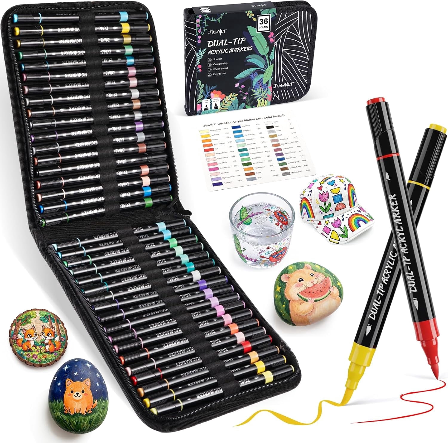 JusArt 36 Colors Acrylic Paint Markers Set With Bag, Dual Tip with Brush Tip and Fine Tip Paint Pens for Rock Painting, Wood, Egg, Canvas, Stone, Ceramic, DIY Crafts Professional Art Supplies