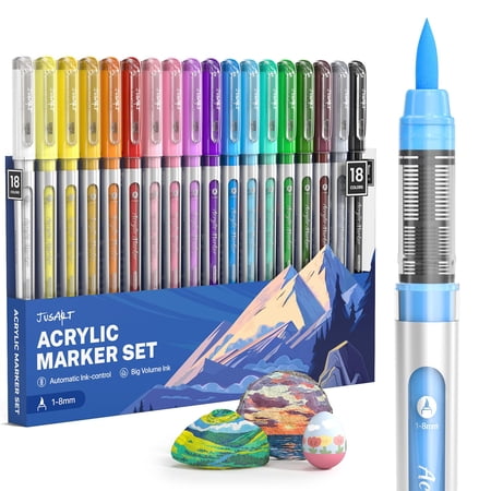 JusArt Acrylic Paint Markers Brush Tip 18 Colors, Water-Based No-Bleed Markers with Automatic Ink Control, Waterproof Acrylic Paint Pens for Eggs, Fabric, Rock, Glass, Ceramic, Metal