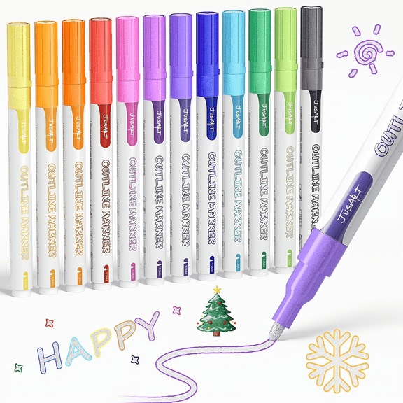 JusArt Outline Markers 12 Colors, Double Line Glitter Markers for Greeting Card Art Crafts, Stocking Stuffers Shimmer Metallic Sparkle Painting Drawing Supplies