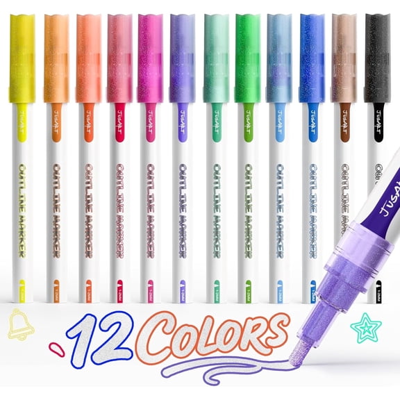 JusArt Outline Sparkle Markers, Glitter Markers,12 Metallic Shimmer Pens for Adult Coloring, Cool Fun Drawing Supplies for Christmas, Easter, Halloween