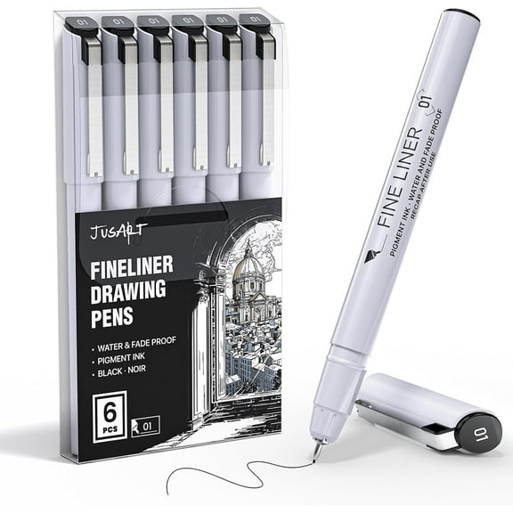 JusArt Fineliner Pens, 6 Pcs, 0.25mm Ultra Fine Point Pens 01, No Bleed, Waterproof Black Pigment Ink Pens for Artists Beginners, Illustration, Writing, Journaling, Crafters, Technical Drawing pens